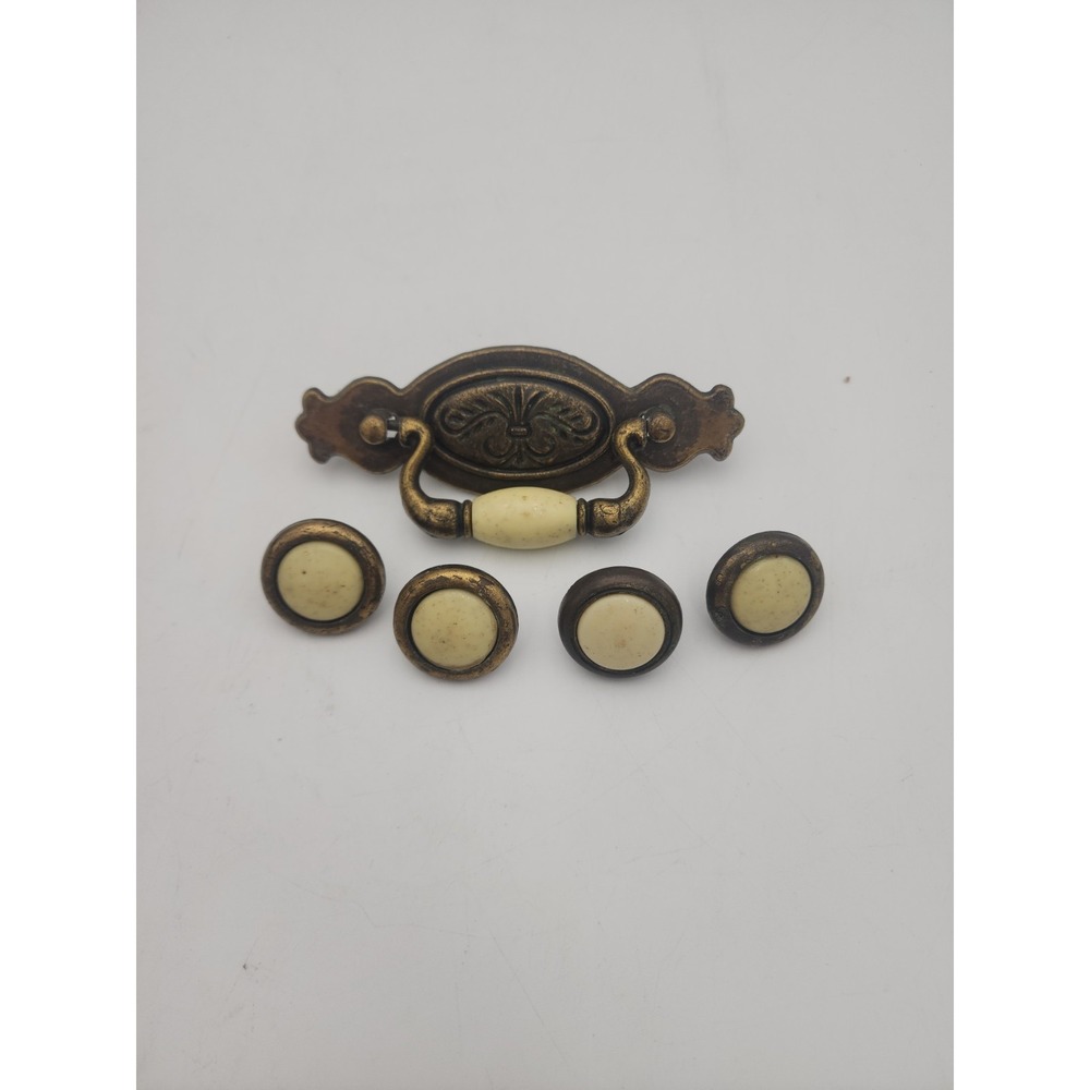 VTG Brass Drop Bail Drawer Pull Handle Hardware With 4 Knobs Wheat Ceramic